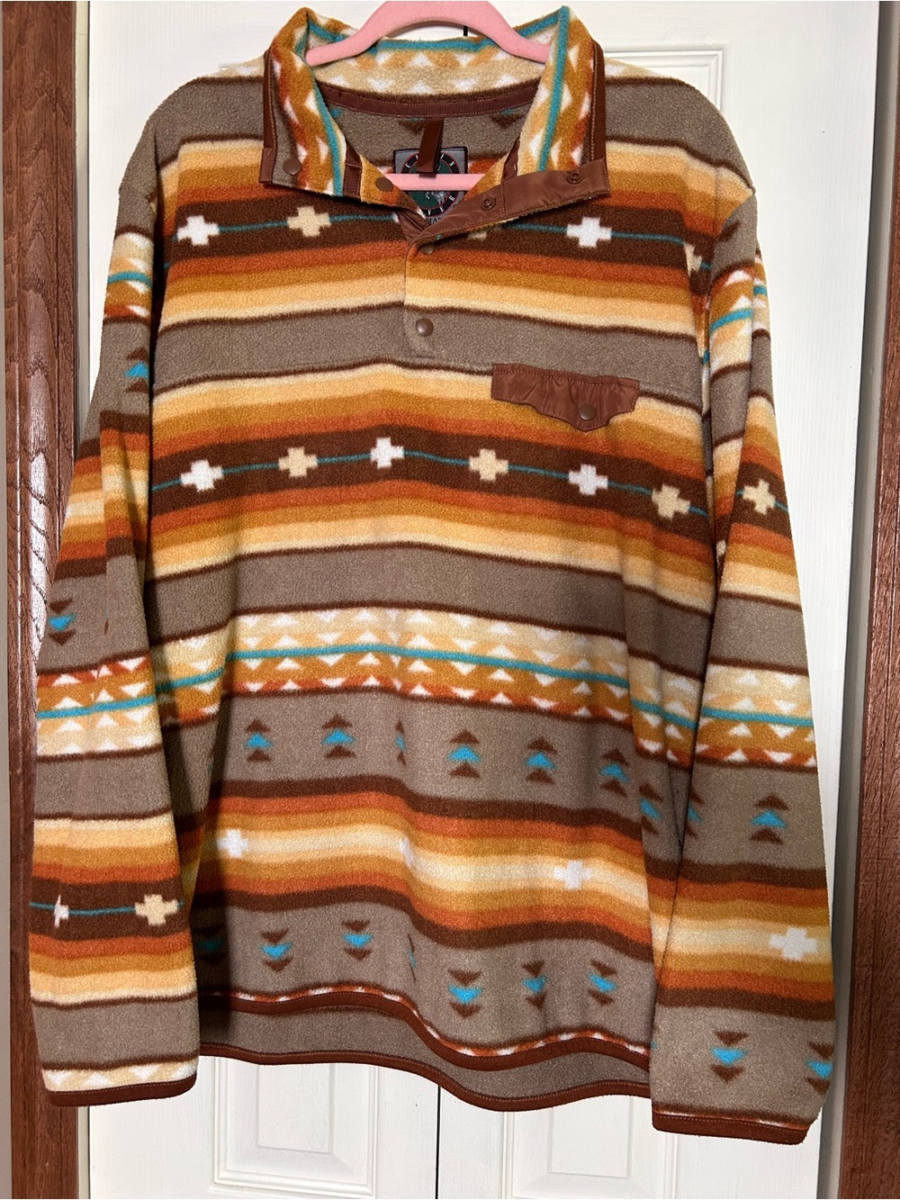 Southwestern Stripe Fleece Pullover — Brown, Rust & Teal